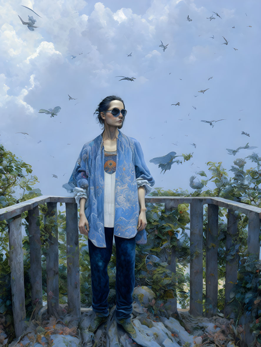 Person on Wooden Bridge with Birds and Foliage in Blue Clothing