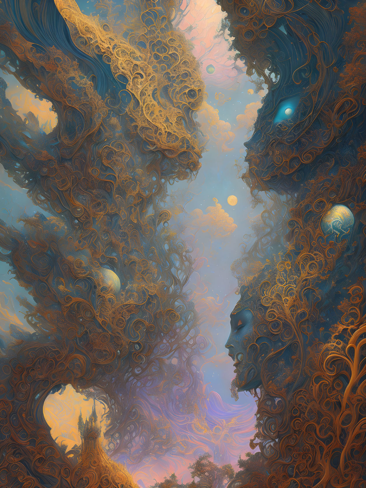 Vibrant surreal artwork: Blue and orange hues, celestial beings, ethereal faces, ornate