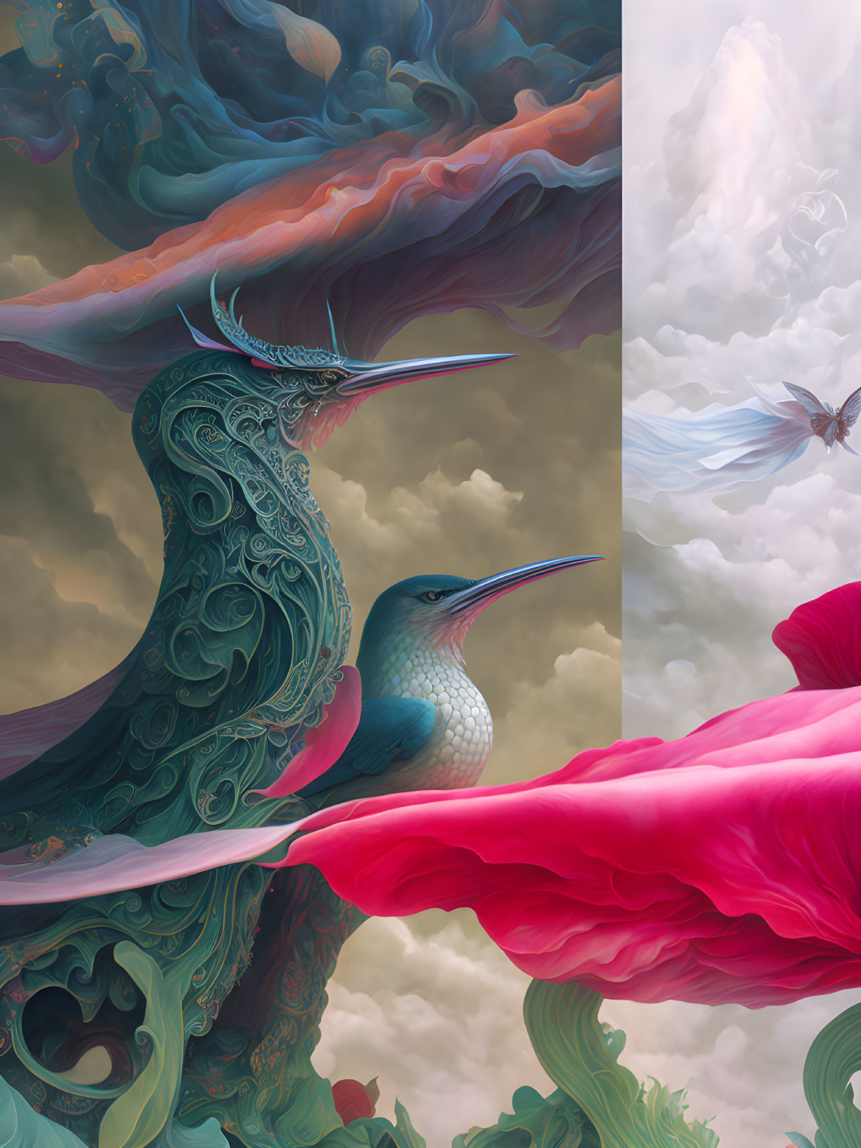 Surreal artwork: Stylized hummingbird, intricate patterns, swirling clouds, vibrant flowers