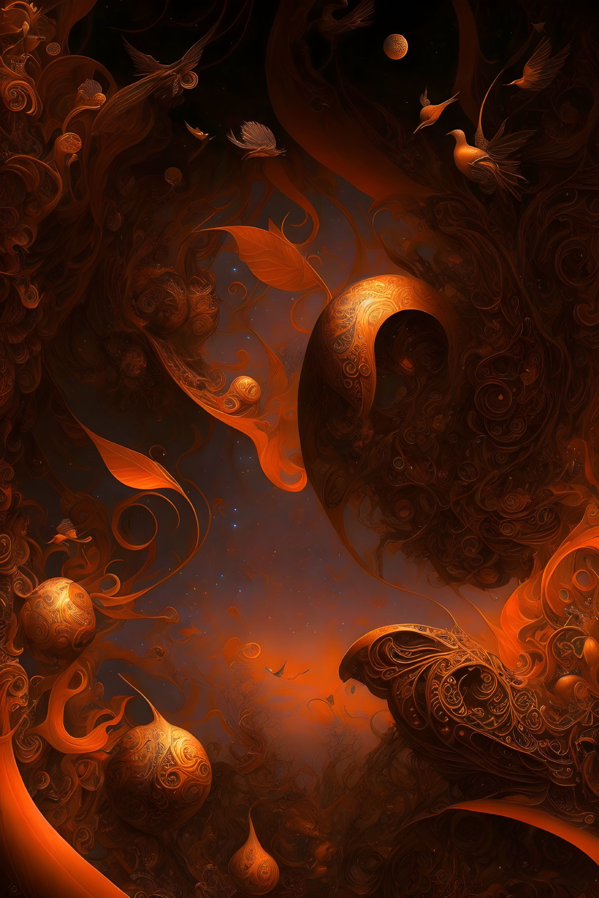 Surreal artwork with swirling orange and brown patterns