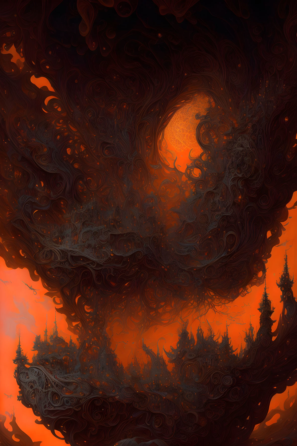 Intricate orange and black fractal art of gothic landscape