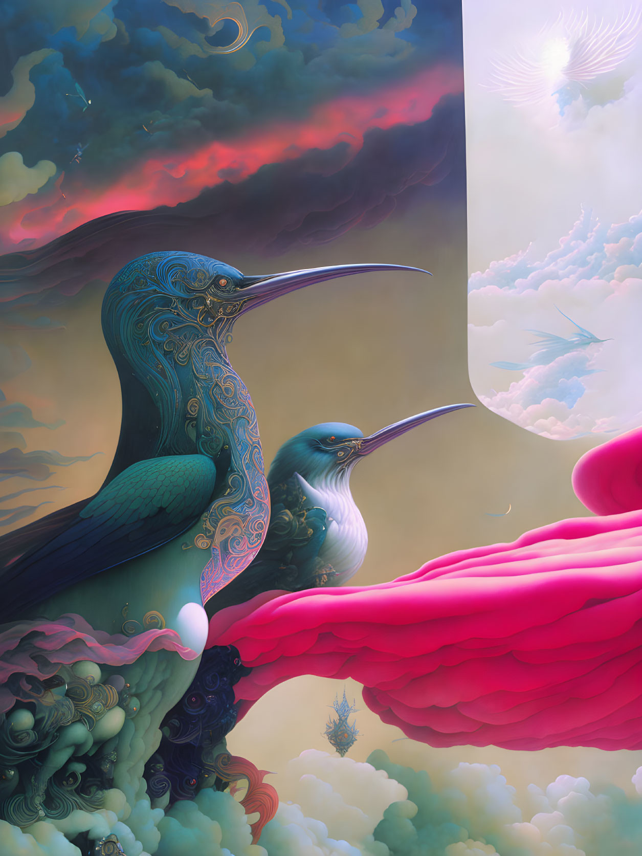 Surreal artwork of stylized birds on pastel clouds in dreamy sky