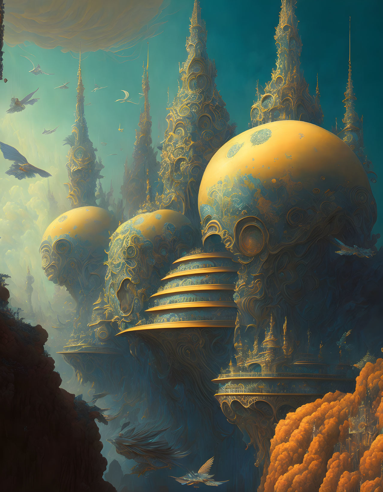 Surreal alien landscape: golden structures, floating orbs, teal sky