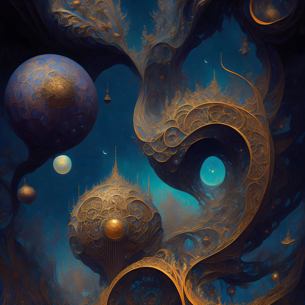 Ethereal fantasy landscape with golden patterns and floating orbs