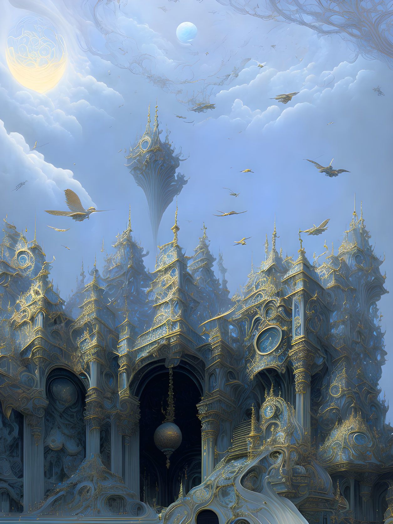 Golden architecture and flying creatures in a fantastical scene