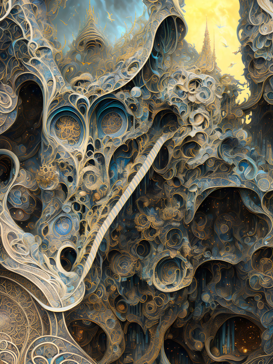 Intricate Gold and Blue Fractal with Swirling Designs