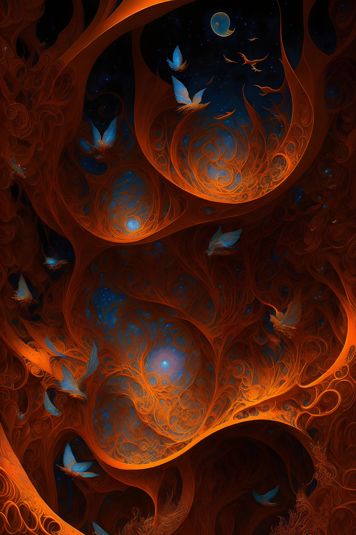 Fiery-orange and blue surreal artwork with birds and celestial bodies