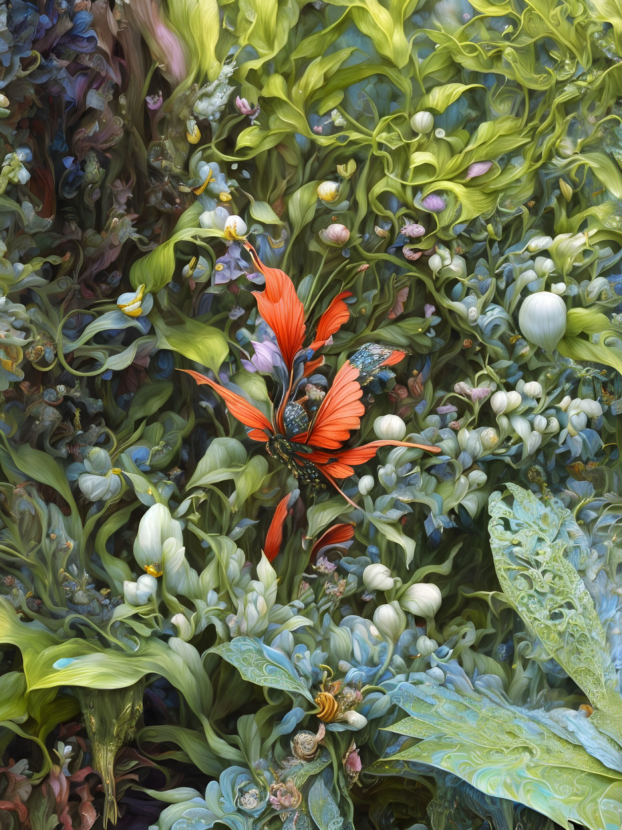 Red-Orange Butterfly in Lush Garden with Painterly Quality