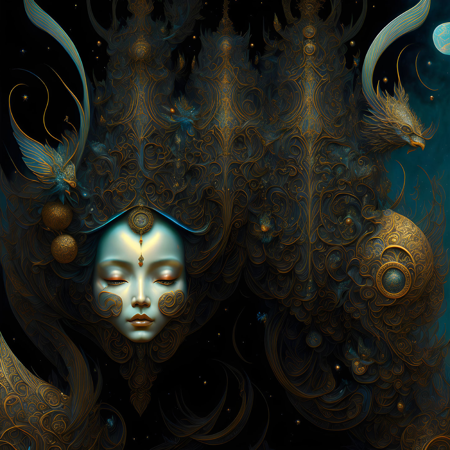 Detailed digital artwork: surreal female face with golden patterns, flora, and bird on dark backdrop