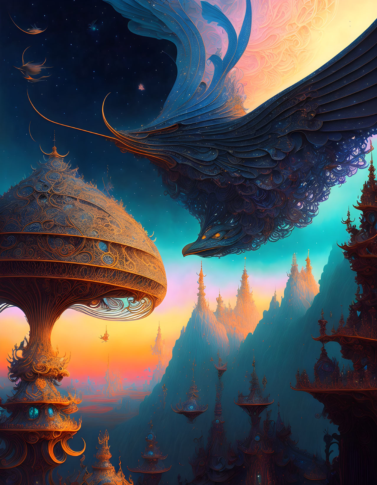 Fantastical landscape with floating structures, starry sky, and orange horizon