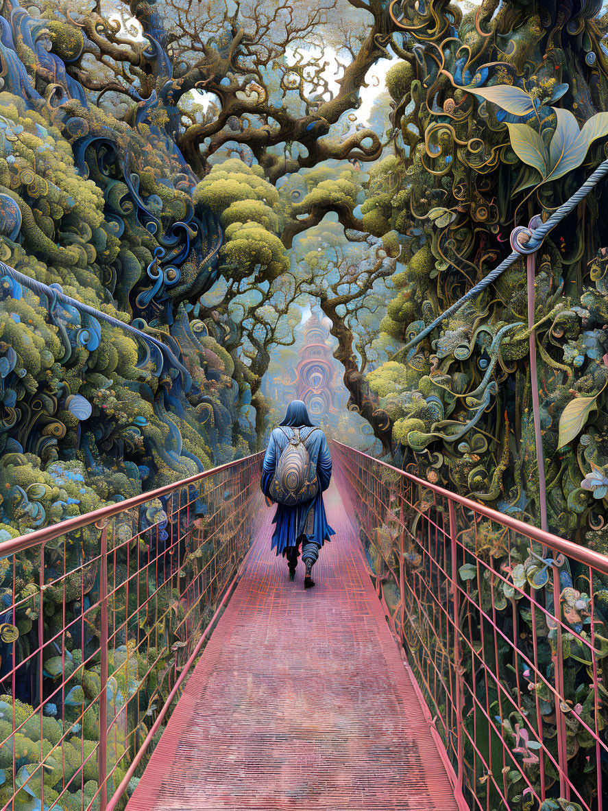 Person in Blue Cloak Walking on Red Bridge Amid Surreal Spiral Trees