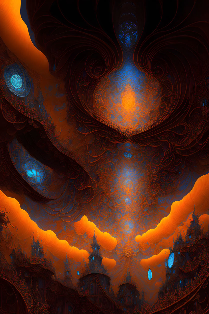 Abstract Fractal Image: Swirling Orange and Blue Patterns with Eye and Landscape Shapes