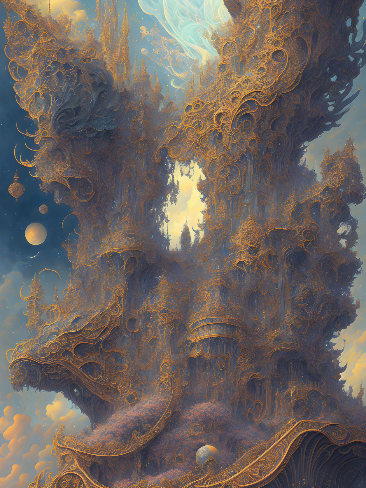 Ornate Floating City Among Celestial Bodies