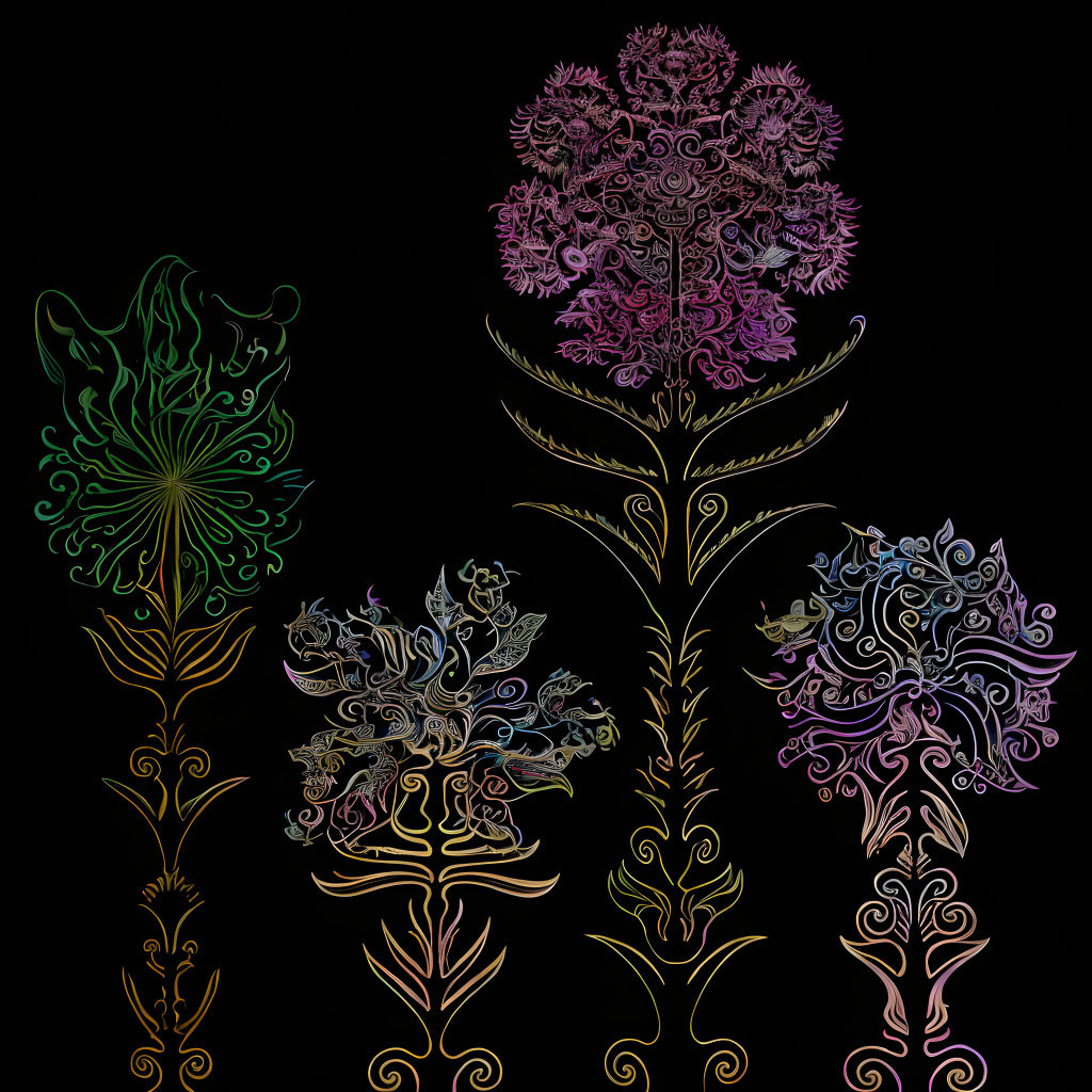 Stylized neon-colored flowers on black background with intricate designs