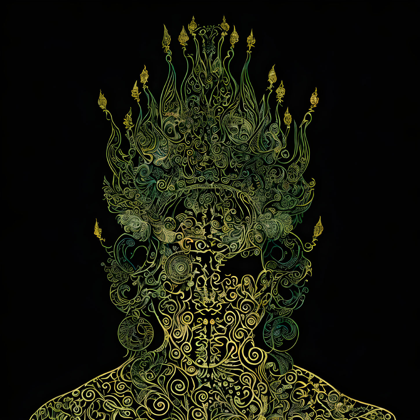 Golden Silhouette with Elaborate Crown Design on Black Background