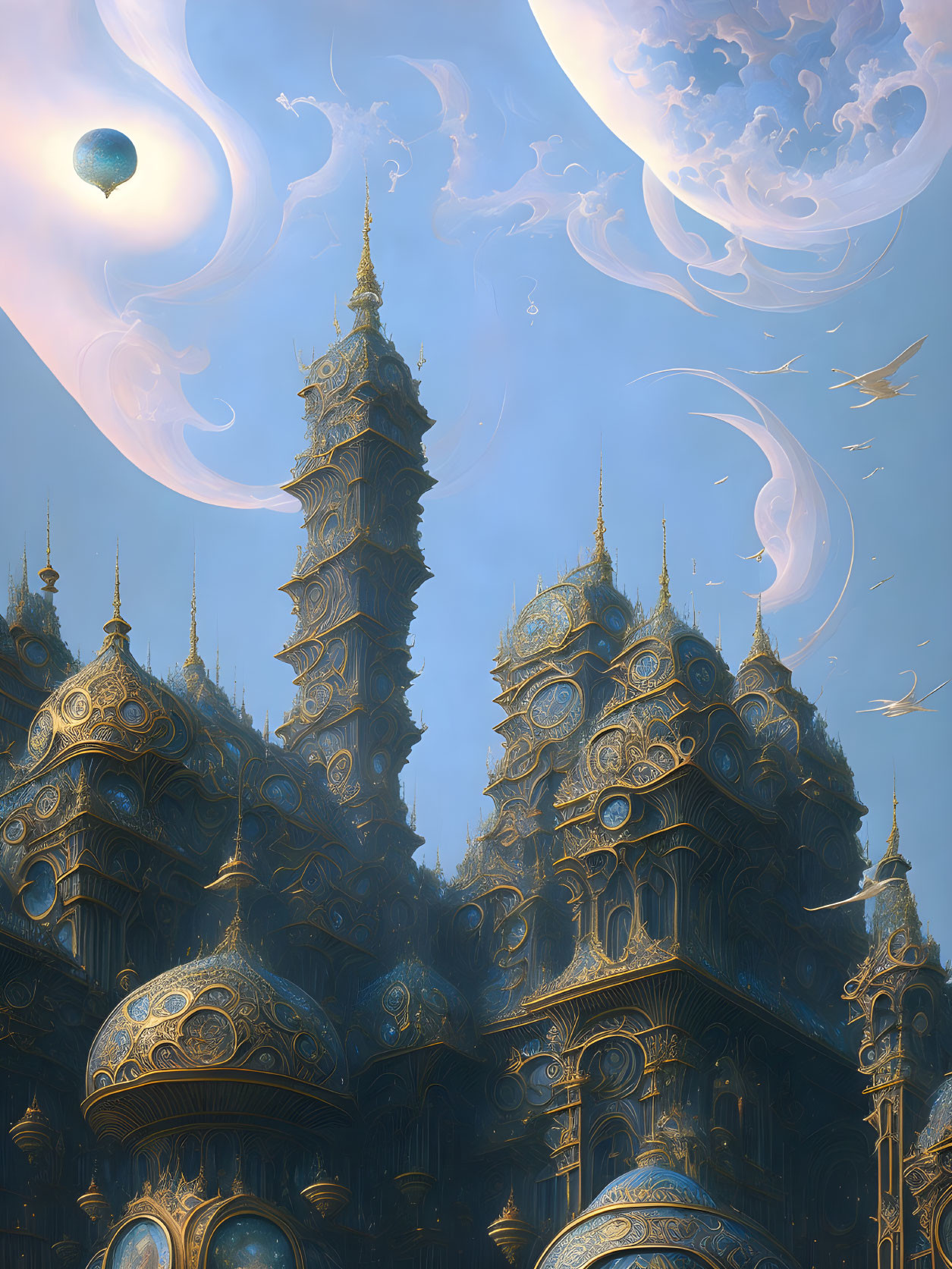 Intricate golden fantasy towers under swirling blue sky