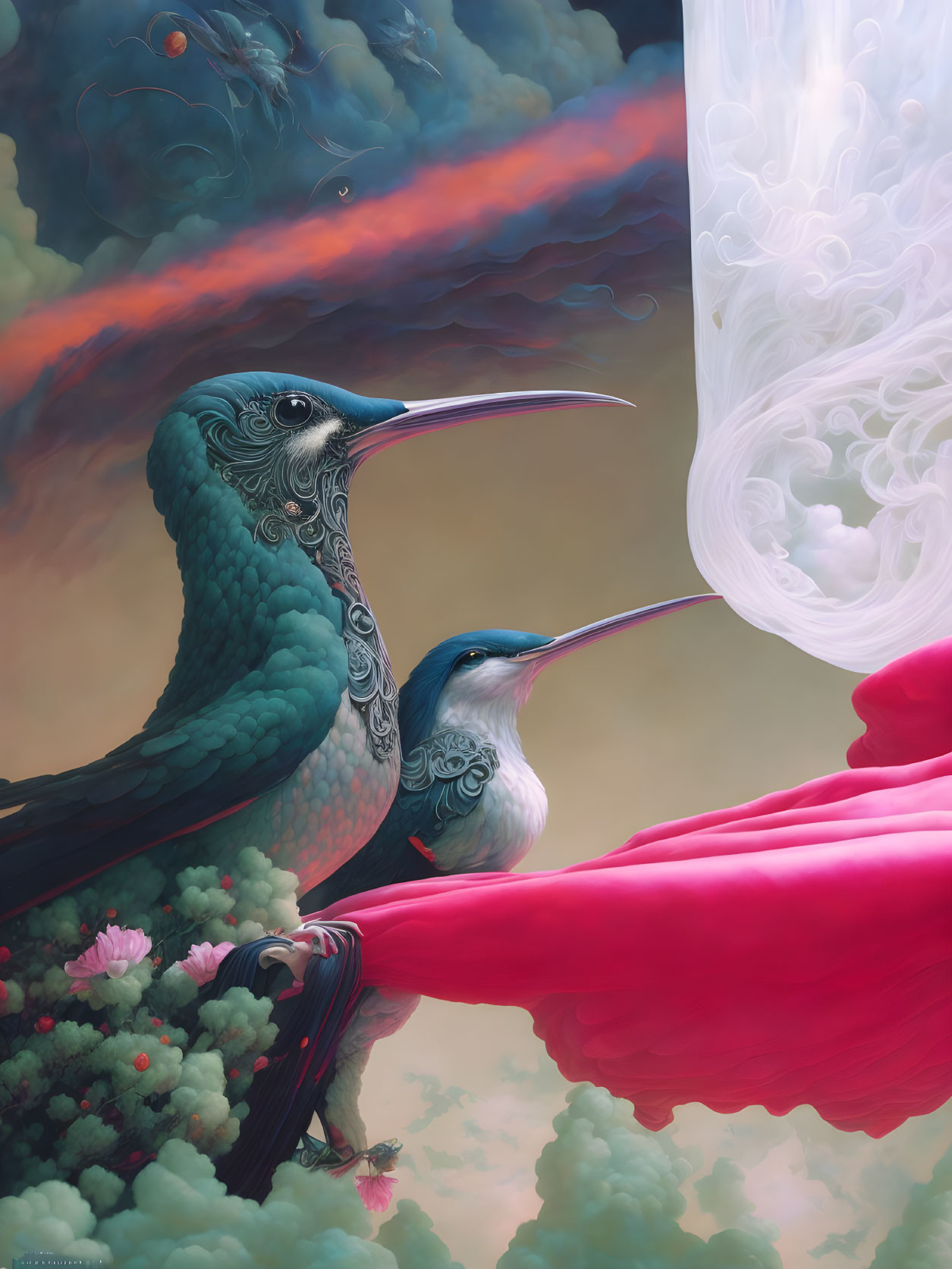 Surreal painting of vibrant hummingbirds on pink bloom in dreamy sky