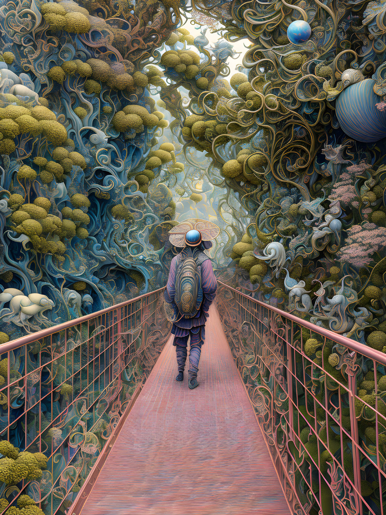 Person with hat and backpack in surreal forest with mossy trees and floating orbs