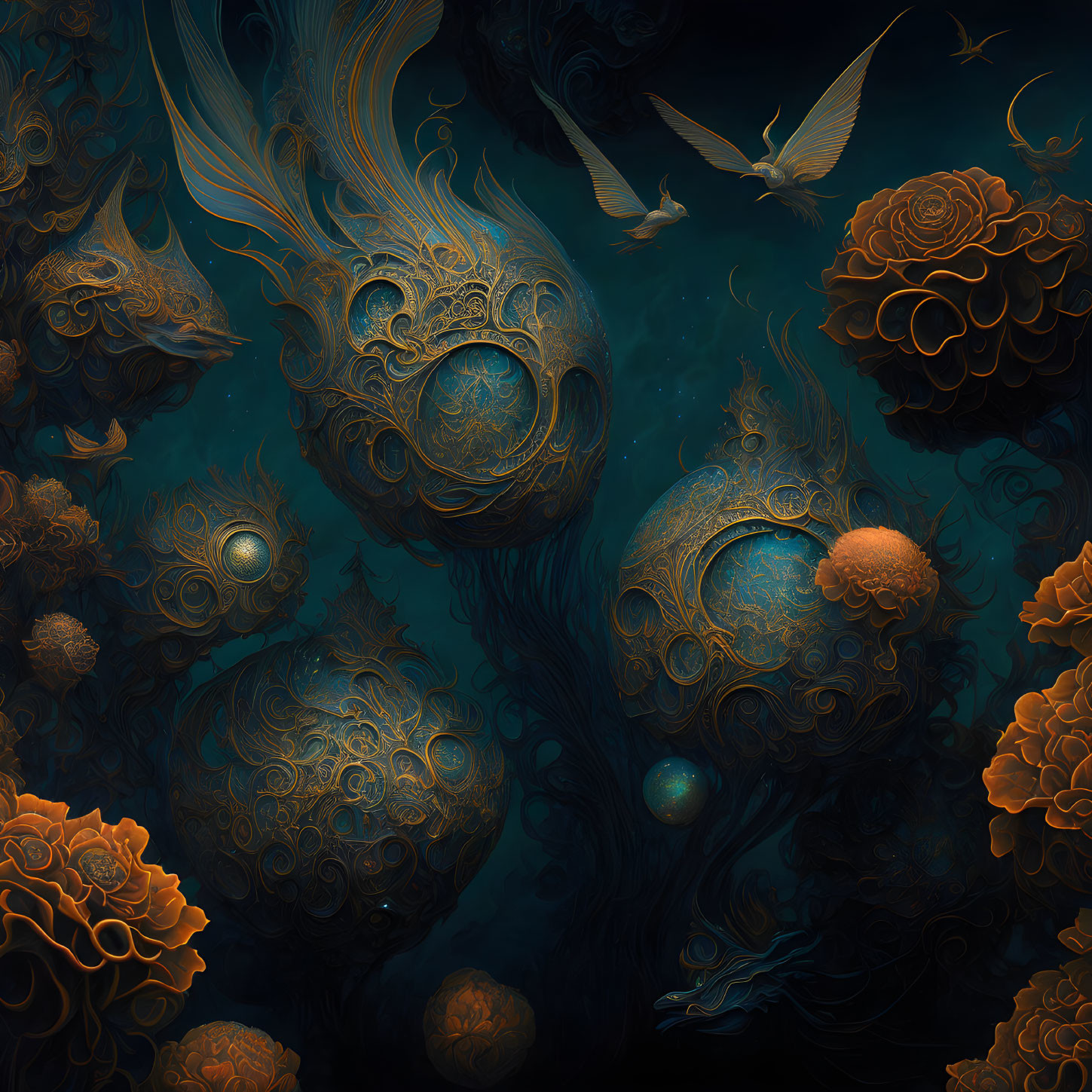 Dark surreal illustration: ornate floating orbs, intricate designs, flowers, birds in ocean-like setting