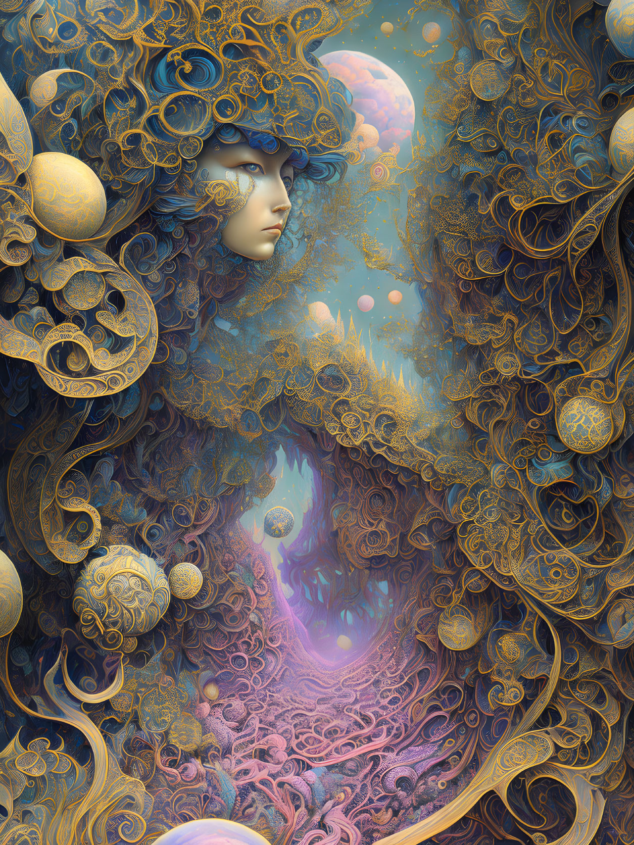 Surreal portrait of woman's face in ornate golden patterns and celestial landscape