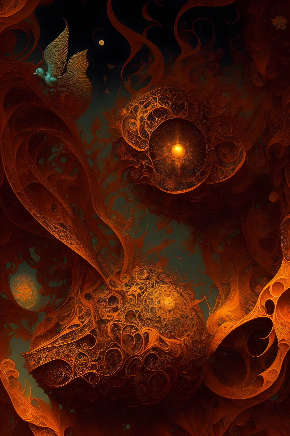 Abstract Fractal Art: Swirling Orange Patterns with Bird-Like Figure