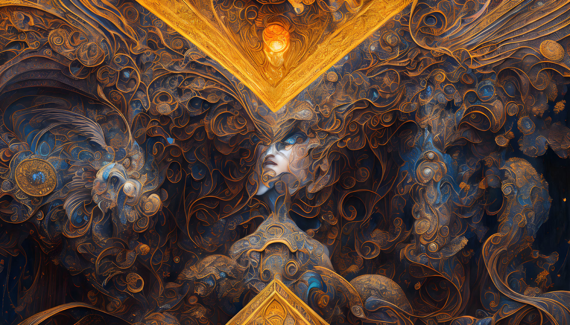 Intricate surreal artwork with golden patterns and glowing motif