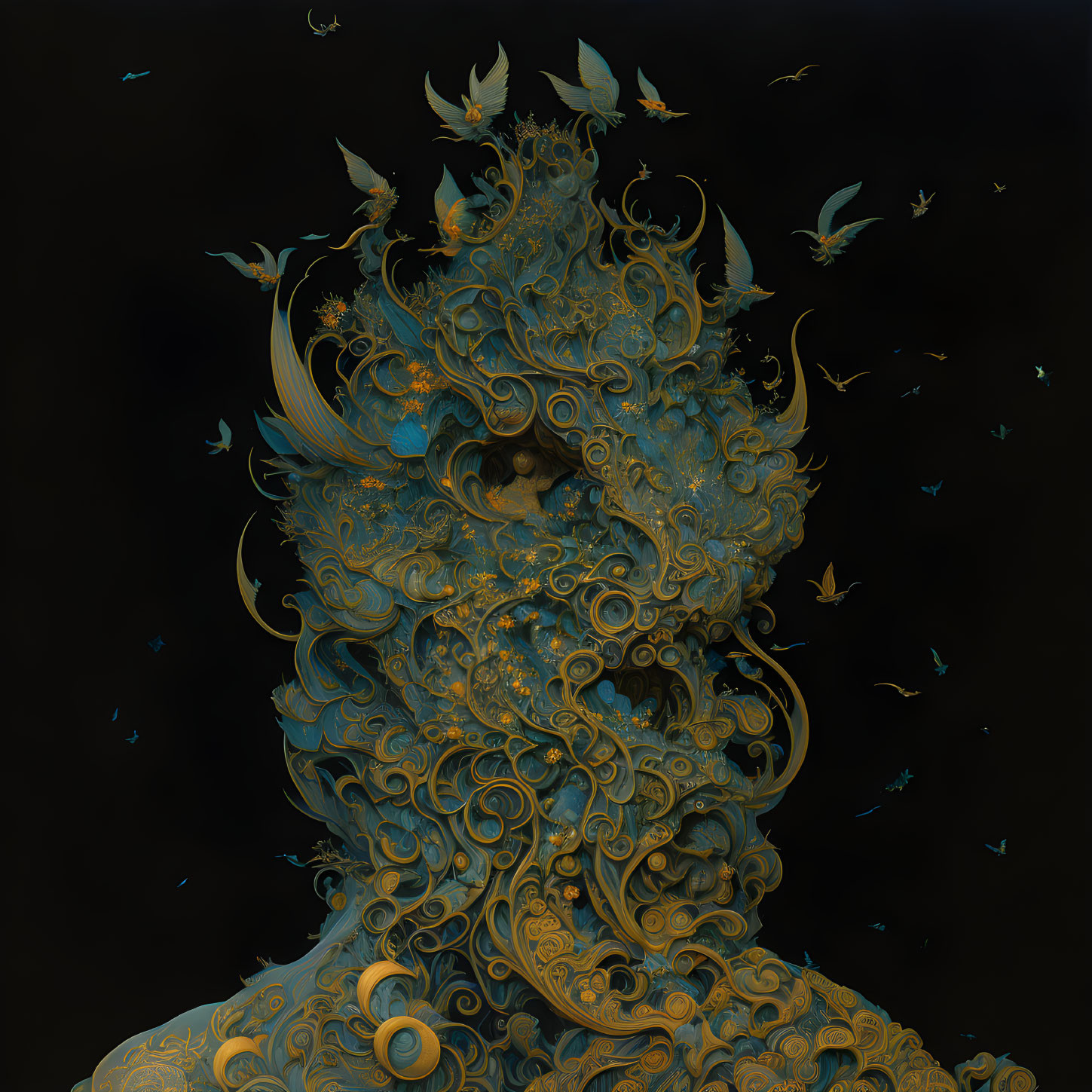 Gold and Blue Fractal Humanoid Silhouette with Bird Elements