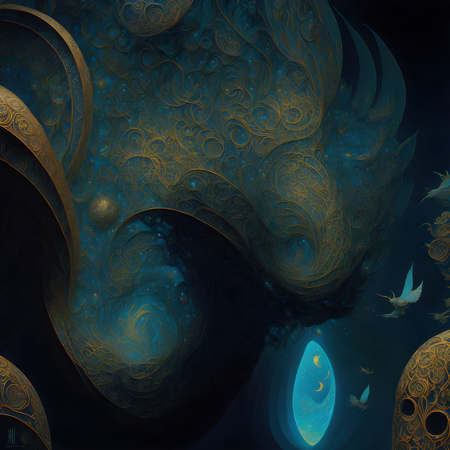 Golden swirling patterns with fish-like creatures on dark background