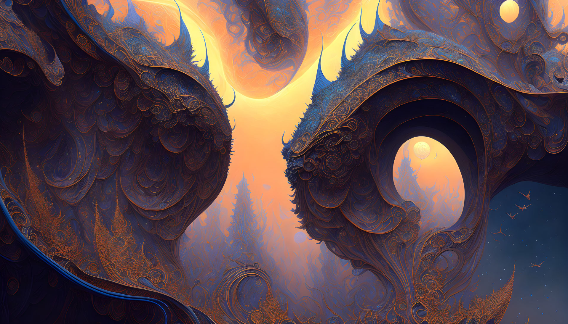 Surreal digital artwork: Dragon-like forms around multiple suns