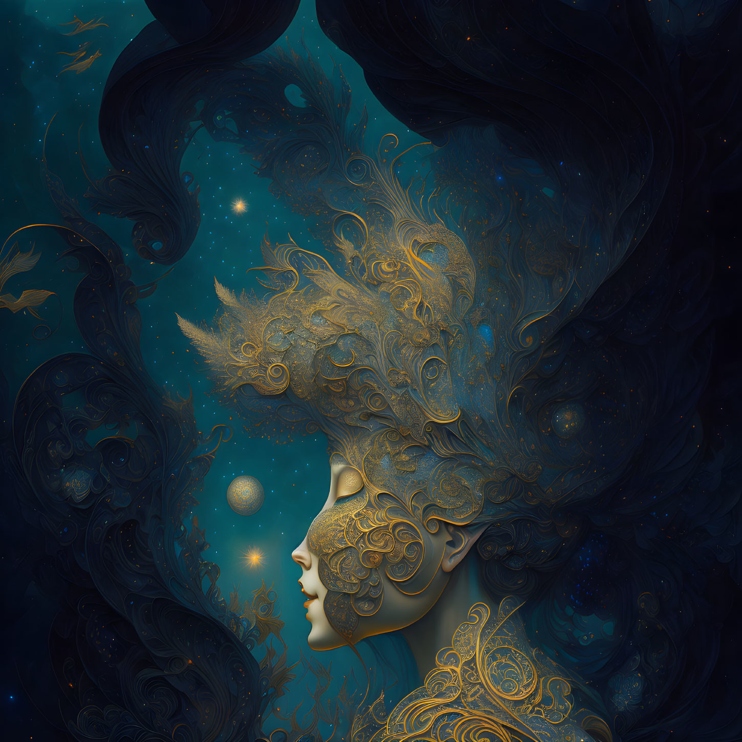 Profile view of person with cosmic-themed hair and decorations in blue and gold hues.