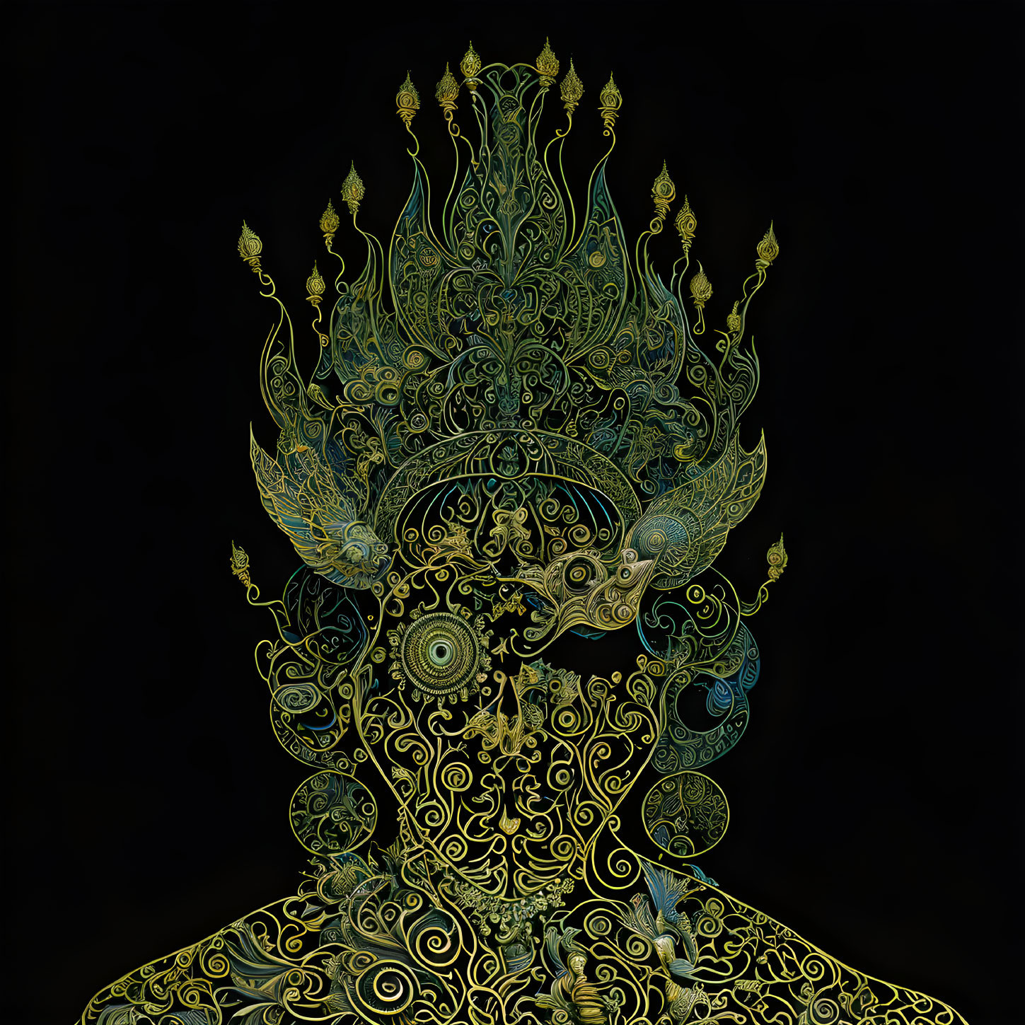 Detailed Illustration of Person with Ornate Headdress & Mythical Creatures