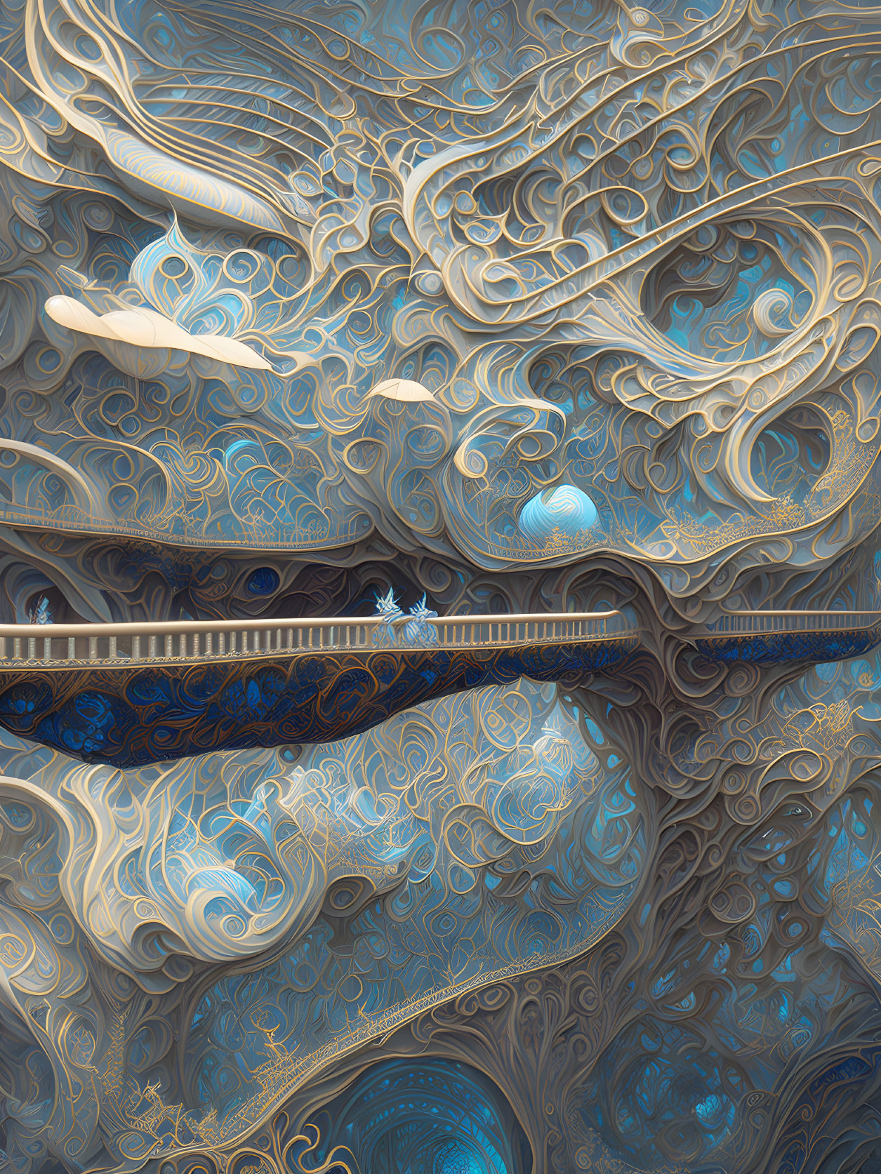 Ornate bridge over reflective water with swirling patterns