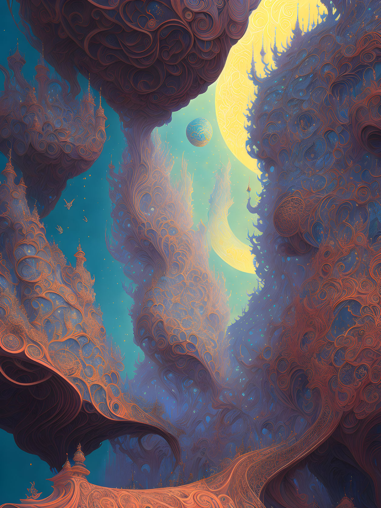 Surreal cosmic illustration with blue and orange organic shapes