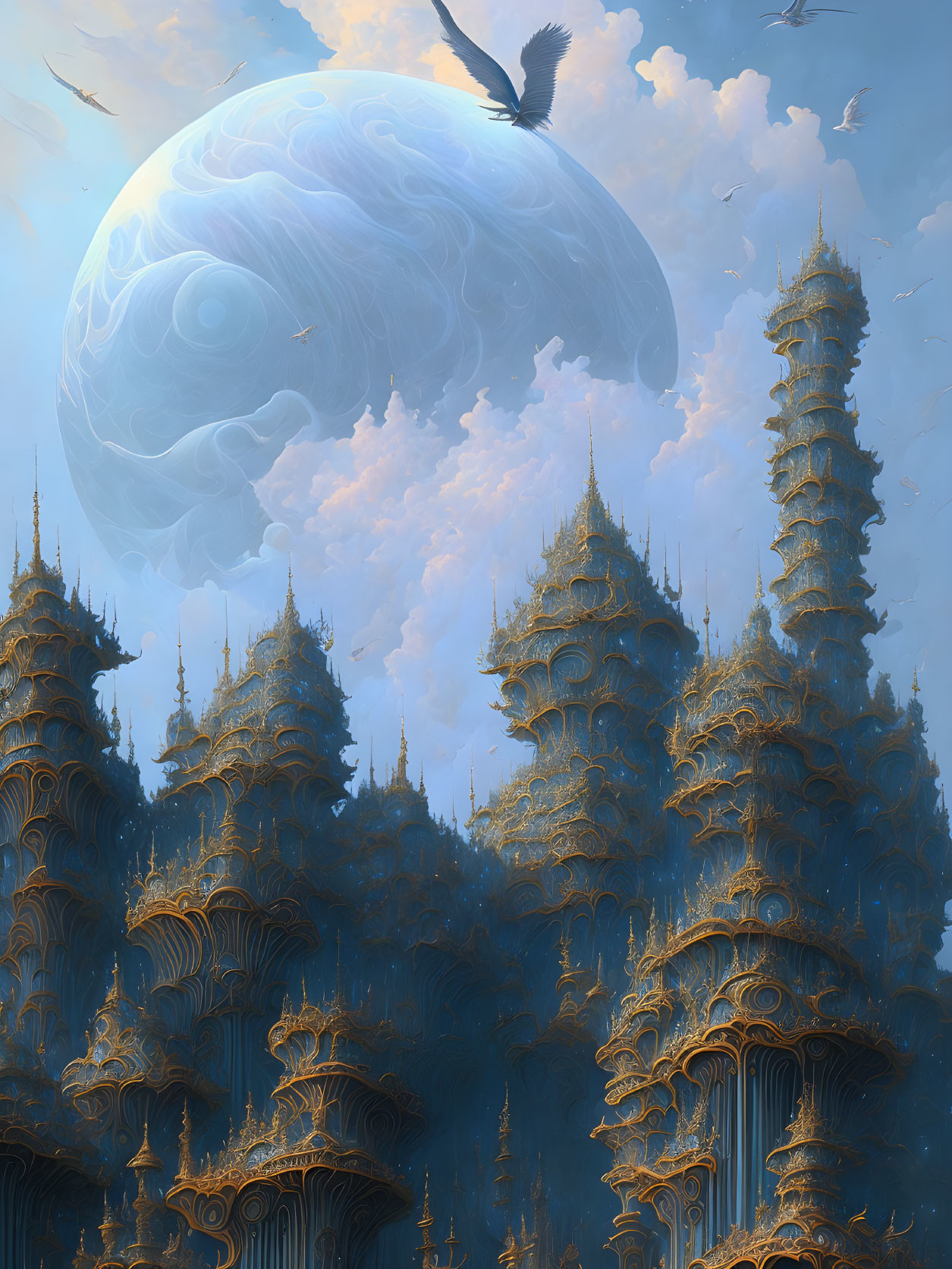 Ornate towers and birds in vibrant landscape with large planet