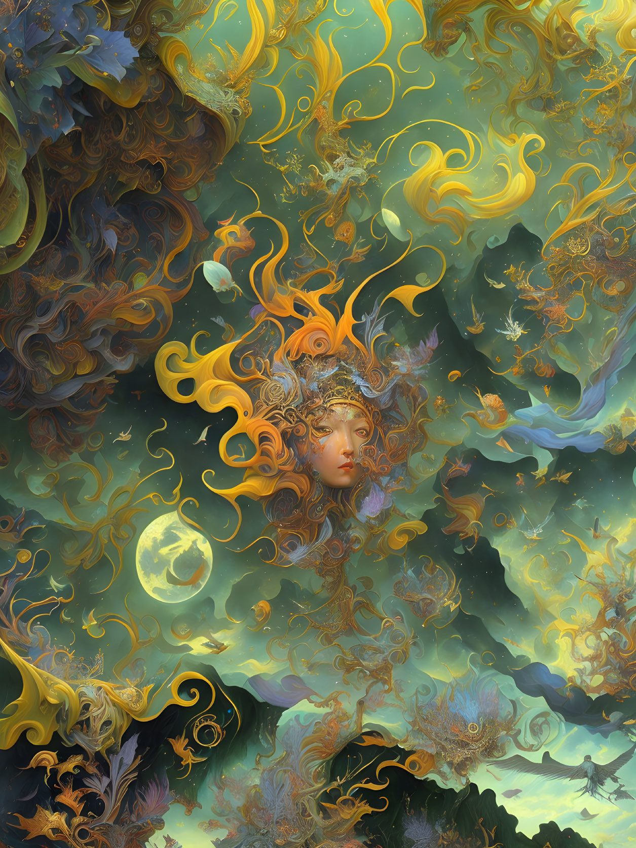 Surreal artwork: Woman's face with swirling patterns and mythological motifs