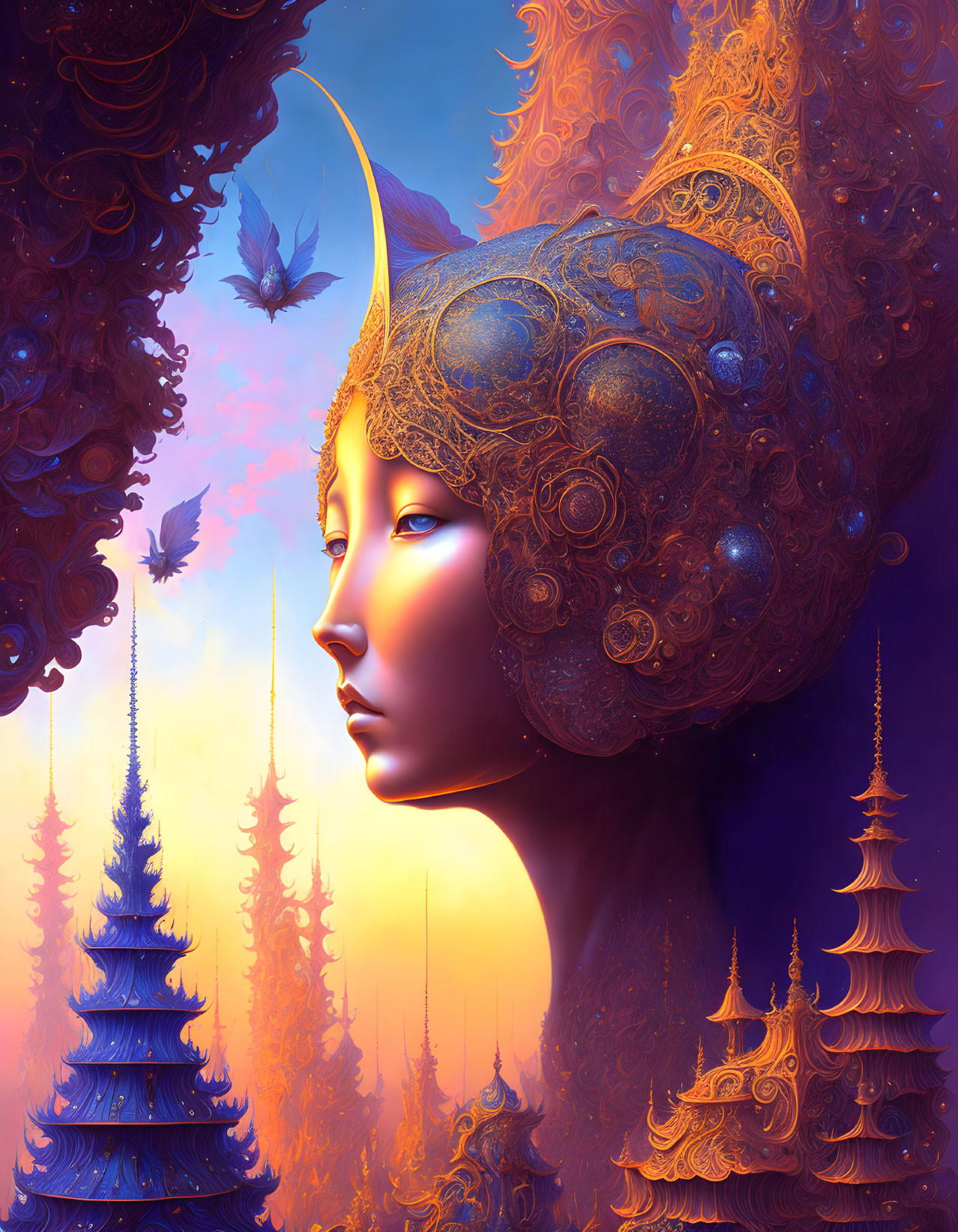 Surreal portrait of person with ornate headdress in dreamlike landscape