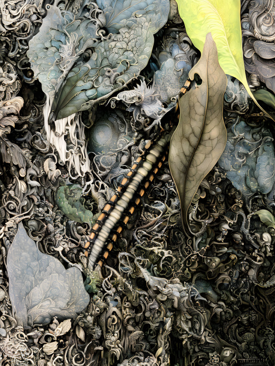 Detailed insect illustration on textured background with leaves and ornate designs