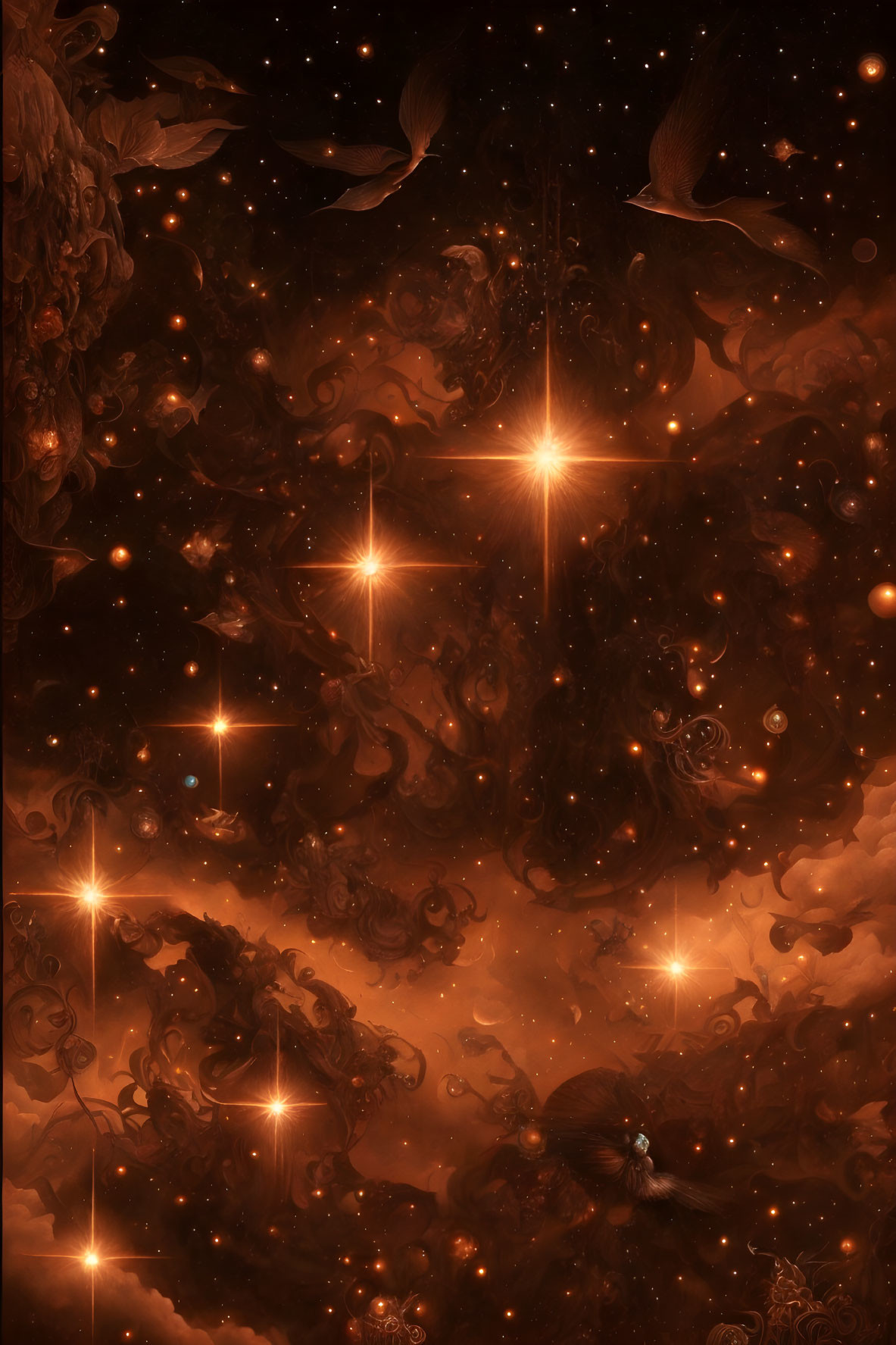 Golden cosmic scene with stars, nebulae, and whale-like creatures.