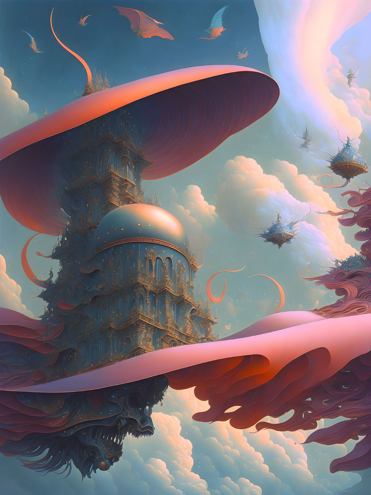 Fantastical sky with floating islands and whimsical towers in vibrant, dream-like ambiance