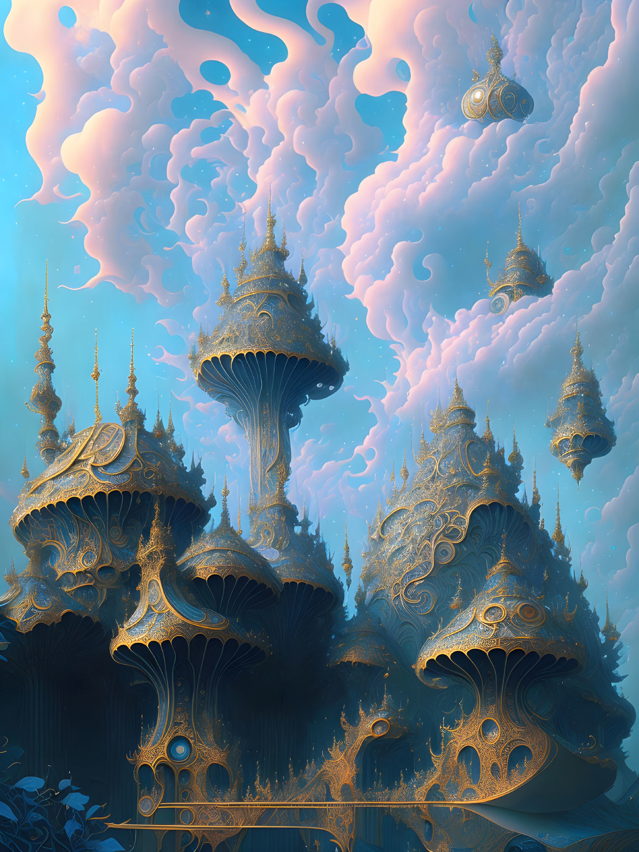 Fantastical digital artwork: Golden towers in dreamy sky