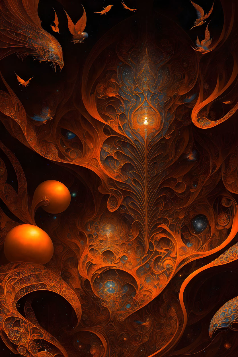 Orange and Blue Fractal Art with Swirling Patterns and Cosmic Elements