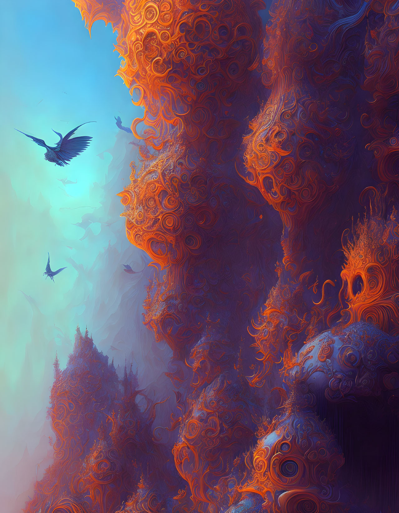 Colorful digital artwork: Orange fractals and birds in surreal sky