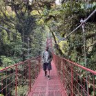 Person in Blue Cloak Walking on Red Bridge Amid Surreal Spiral Trees