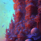 Colorful digital artwork: Orange fractals and birds in surreal sky