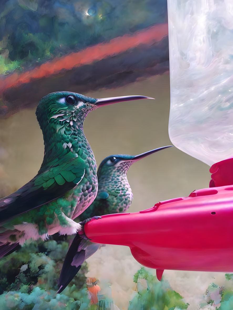 Colorful surreal background with two hummingbirds at red feeder