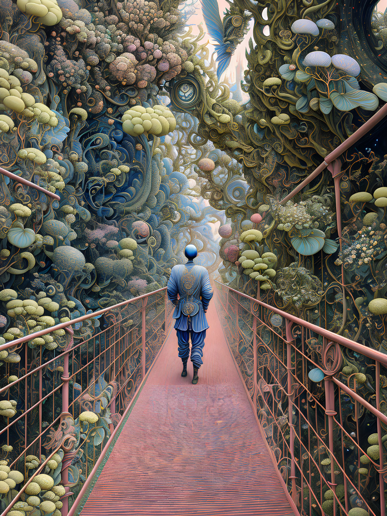 Person in Blue Attire on Organic Bridge in Surreal Landscape