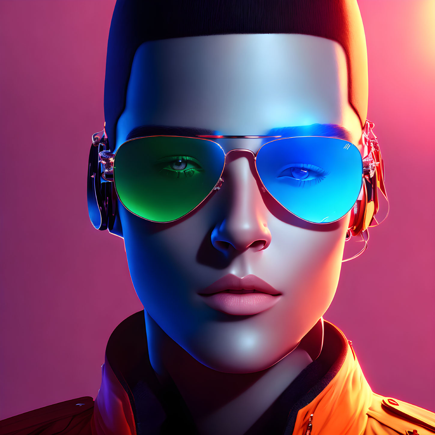 Reflective Green Sunglasses & Headphones on Futuristic Humanoid