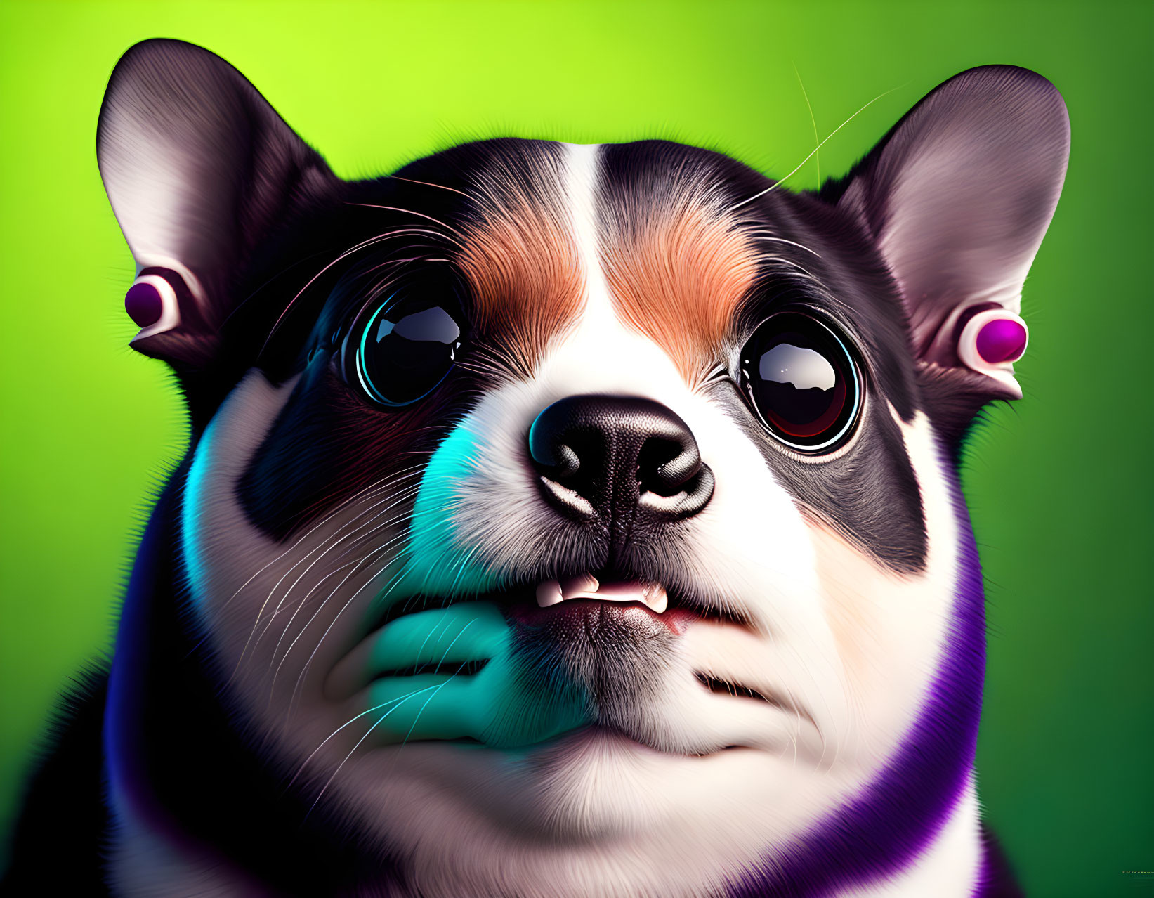 Digital image of stylized dog with exaggerated features and colorful fur on green background