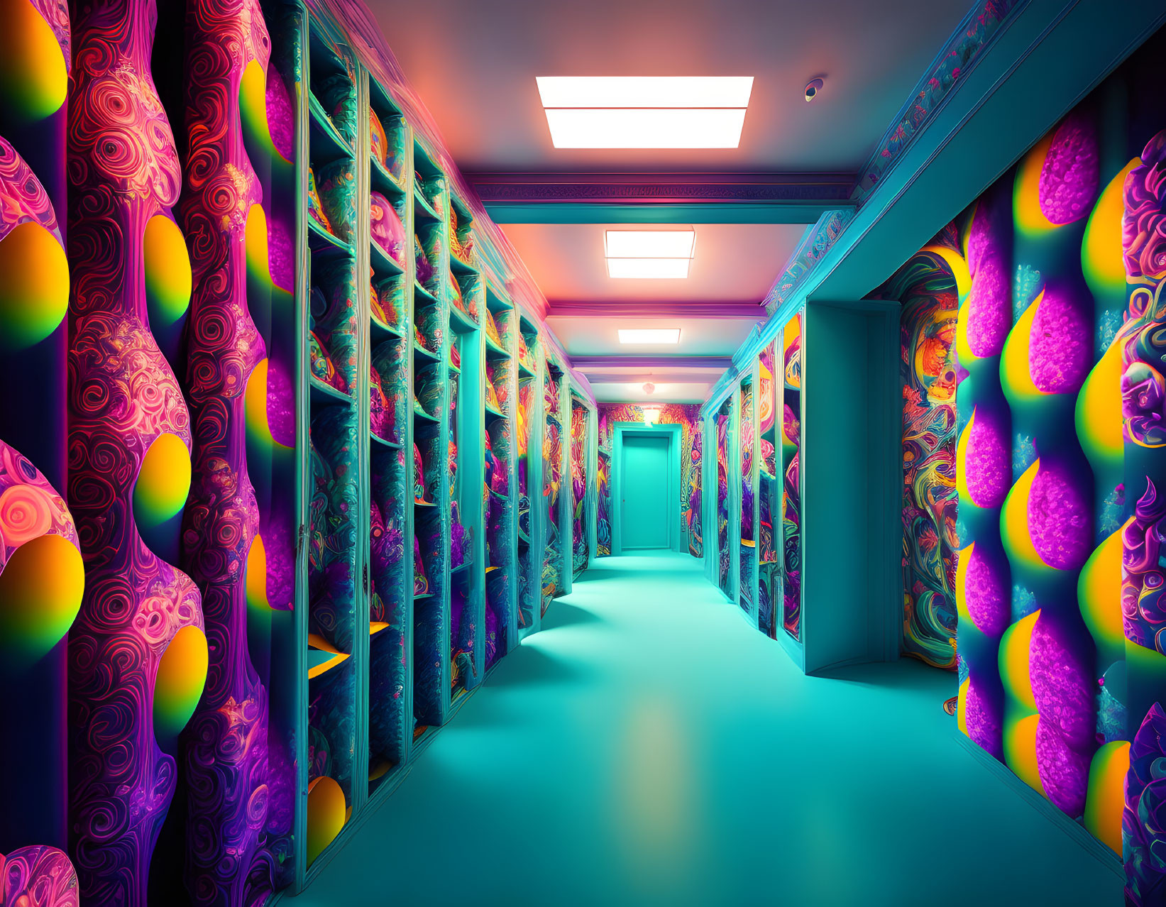 Colorful Psychedelic Corridor with Patterned Walls and Teal Floor