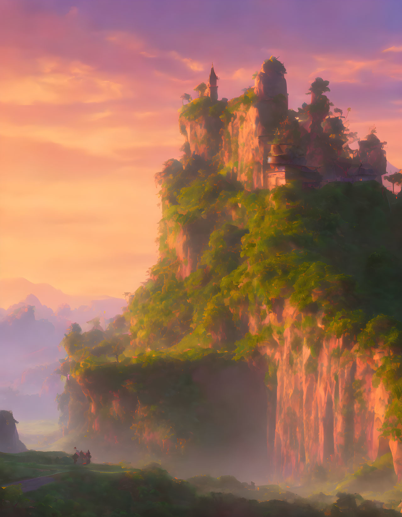 Majestic cliff with greenery and ancient ruins at sunset